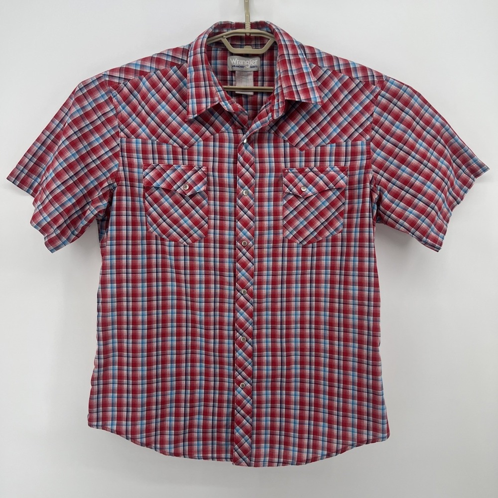WRANGLER Wrancher Western Men's Plaid Cowboy Retro Snap Button Shirt Red Blue